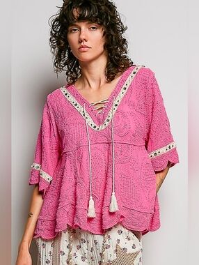 NEW!! POL Boho Lace-Up Peasant Top in Pink, NWT